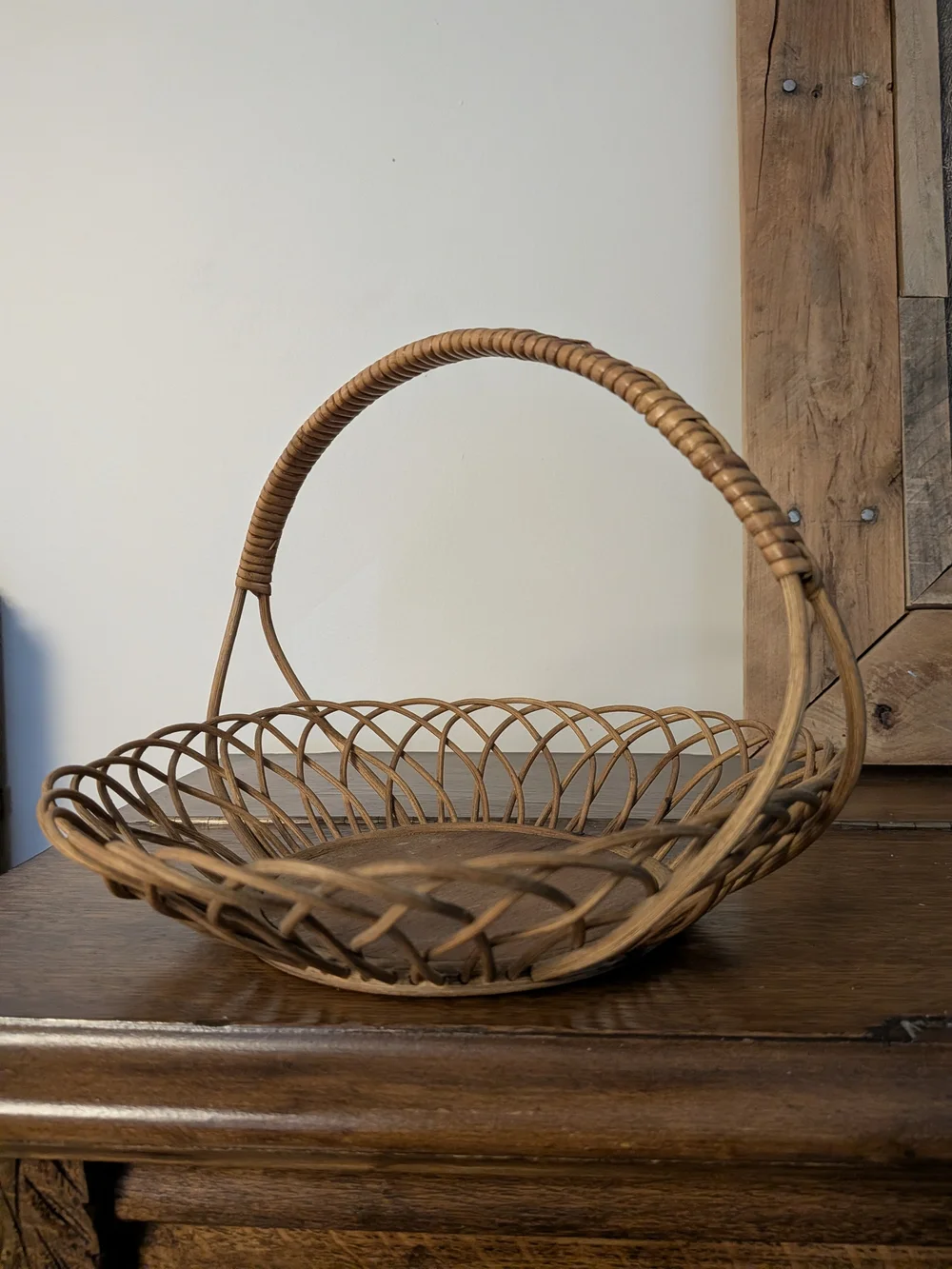 Hand Painted Wicker Rattan Basket Handled Wooden Base Folk Art